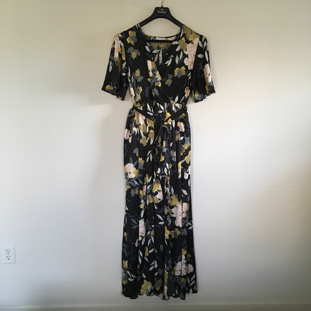 Baltic Born Sicily Satin Black Gold Jade Floral Maxi Dress Sz XXXL Romantic Boho